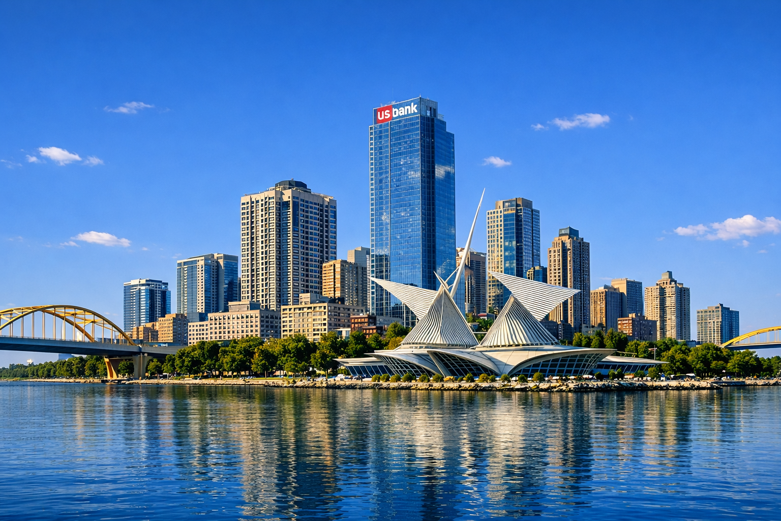 Milwaukee skyline along Lake Michigan on a clear day